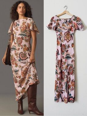 Kachel x Anthropologie 2P Flutter Sleeve paisley light pink slip dress